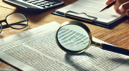 DALL·E 2024-12-08 21.51.02 - A realistic image of a desk setup featuring a document with blurred, unreadable text, a magnifying glass placed over a section of the document, and a