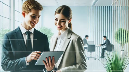 DALL·E 2024-12-08 22.05.34 - A professional business scene featuring two individuals in professional attire collaborating over a digital tablet, set in a bright, modern office wit